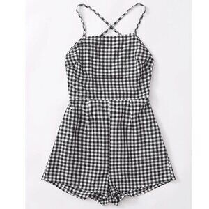 Lace-up Open Back Buffalo Plaid Gingham Romper | Small